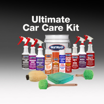 Various car care products arranged in a chevron.